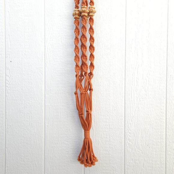 Vtg Macrame Plant Hanger Orange Nylon Boho Hippie Rustic Garden Patio Decor 45"L - Picture 5 of 8